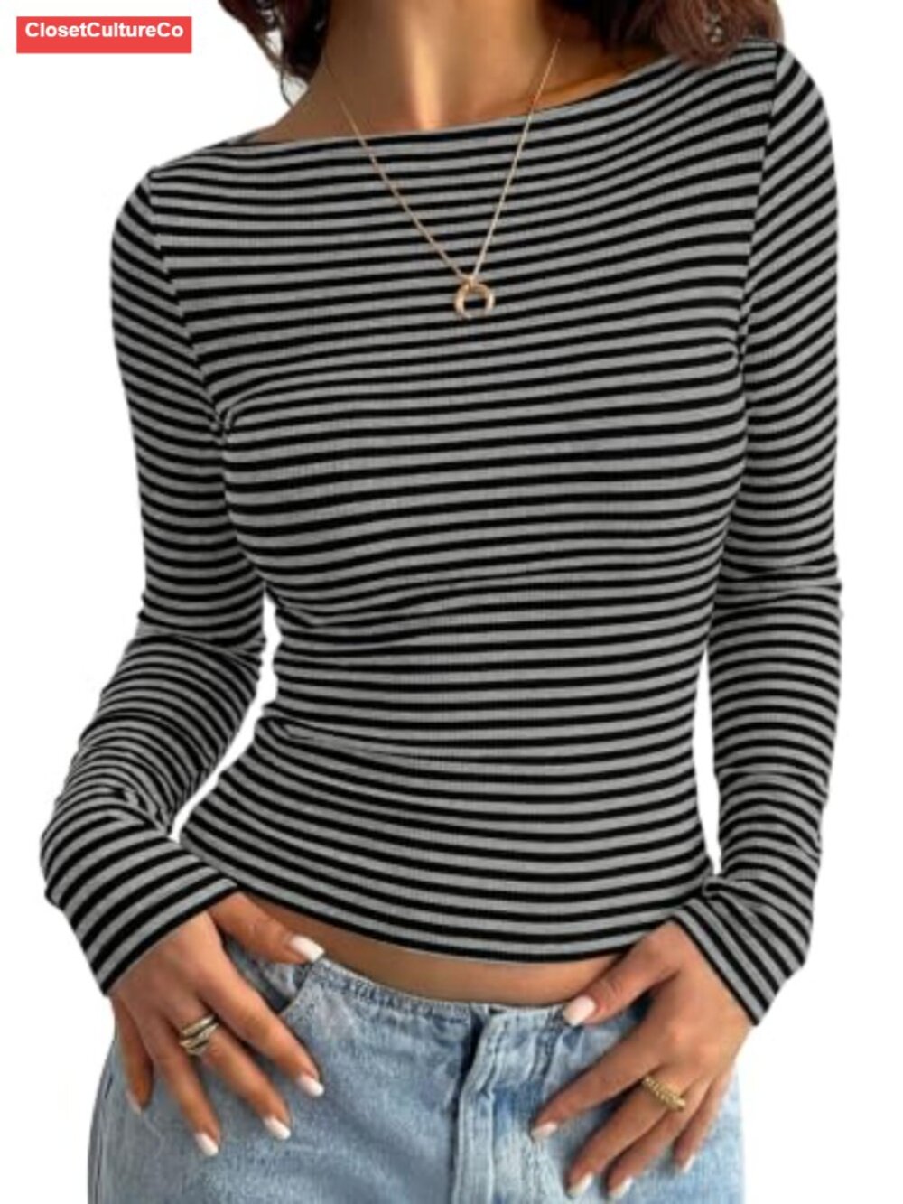 Women's Long Sleeve Boat Neck Striped Ribbed Knit Fitted T-Shirt